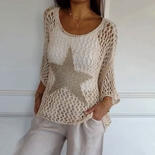 🌟👚 Női divatos kerek nyakú horgolt horgolt kötött halhálós felső