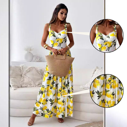 🍋Női elegáns citrom nyomtatás Spagetti pántos Flowy hosszú ruha