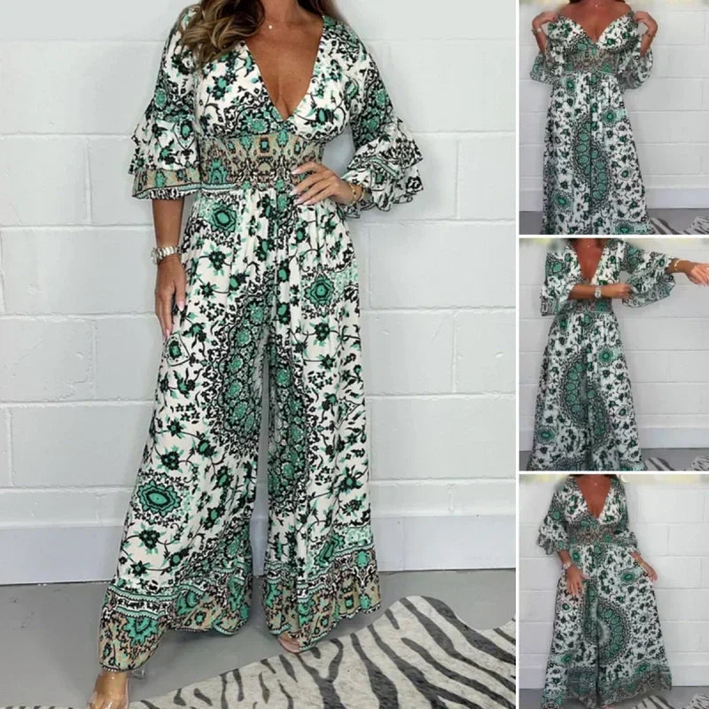S-5XL🥰Női V-nyakú, nyomtatott Jumpsuit