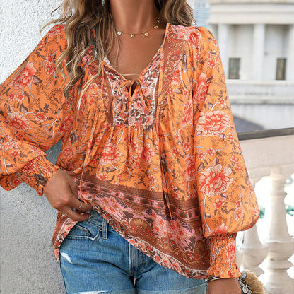 【S-2XL】🌺Női divatos, hosszú ujjú, nyomtatott V-nyakú ing