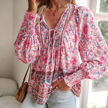 【S-2XL】🌺Női divatos, hosszú ujjú, nyomtatott V-nyakú ing