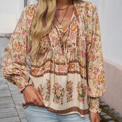 【S-2XL】🌺Női divatos, hosszú ujjú, nyomtatott V-nyakú ing