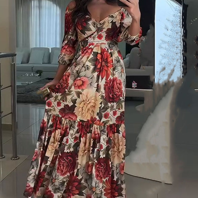 💃Riszírozott V-nyakú, virágos női ruhák