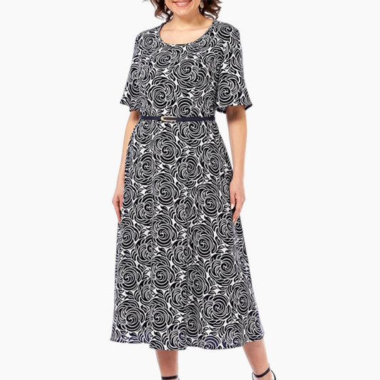 Elegáns, mintás maxi ruha övvel