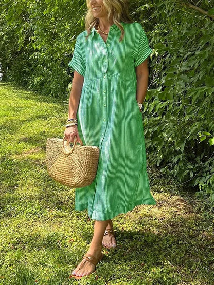 🔥👗 Csíkos ingruha hajtókával és gombokkal | Funkcionális zsebekkel