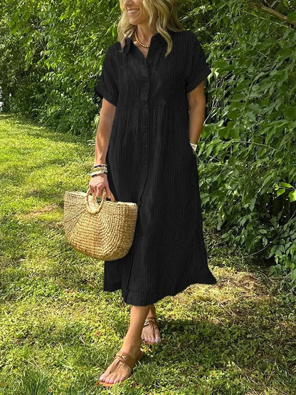 🔥👗 Csíkos ingruha hajtókával és gombokkal | Funkcionális zsebekkel