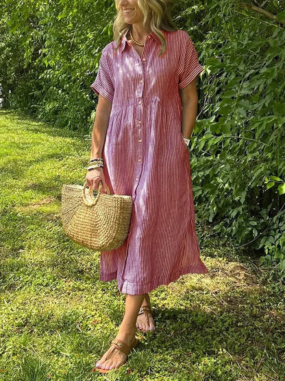 🔥👗 Csíkos ingruha hajtókával és gombokkal | Funkcionális zsebekkel