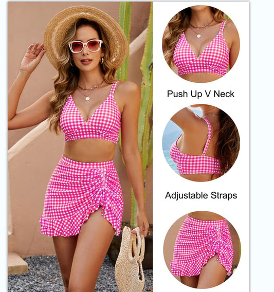 🔥👙Magas derekú bikiniszettek női hasleszorító kockás💖