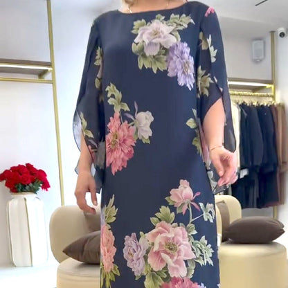 Elegáns hosszú női ruha nyomtatott nyakkivágással