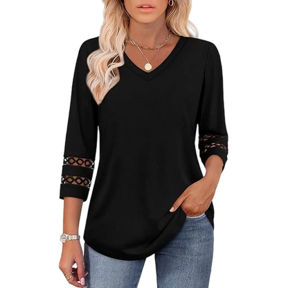 🌺[S-3XL]👚✨ Klasszikus Egyszínű V-nyakú Felső 3/4-es Ujjakkal