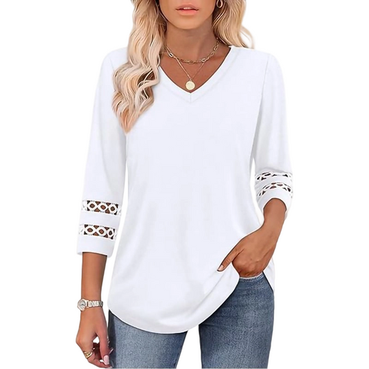 🌺[S-3XL]👚✨ Klasszikus Egyszínű V-nyakú Felső 3/4-es Ujjakkal