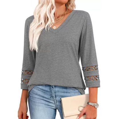 🌺[S-3XL]👚✨ Klasszikus Egyszínű V-nyakú Felső 3/4-es Ujjakkal