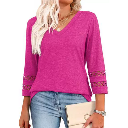 🌺[S-3XL]👚✨ Klasszikus Egyszínű V-nyakú Felső 3/4-es Ujjakkal