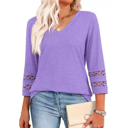 🌺[S-3XL]👚✨ Klasszikus Egyszínű V-nyakú Felső 3/4-es Ujjakkal