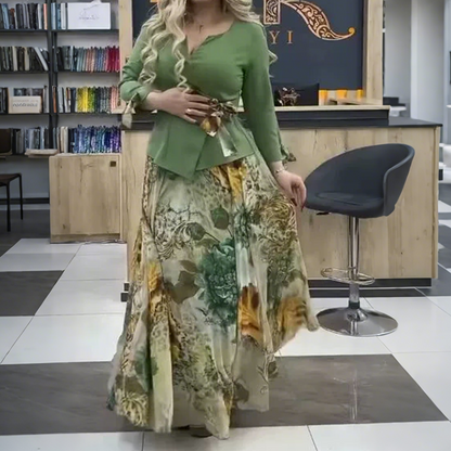 💜Elegáns felső és szoknya virágmotívumokkal, kétrészes szett