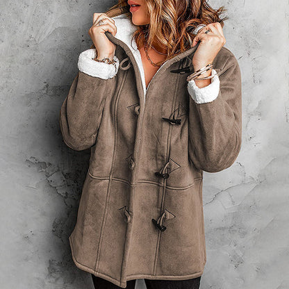 ❄️ Nők Kapucnis Suede Kabát Plüss Béleléssel 🧥💕