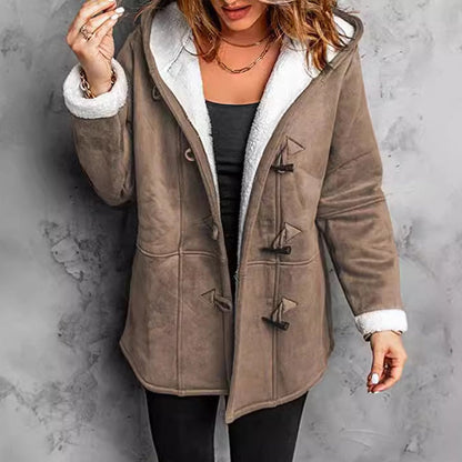 ❄️ Nők Kapucnis Suede Kabát Plüss Béleléssel 🧥💕