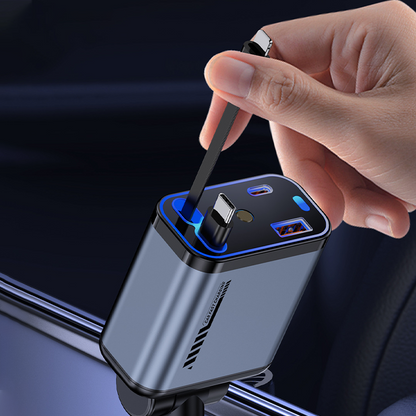 📱 Többfunkciós autós töltő gyorstöltéssel és visszahúzható kábellel | Minden okostelefonnal kompatibilis