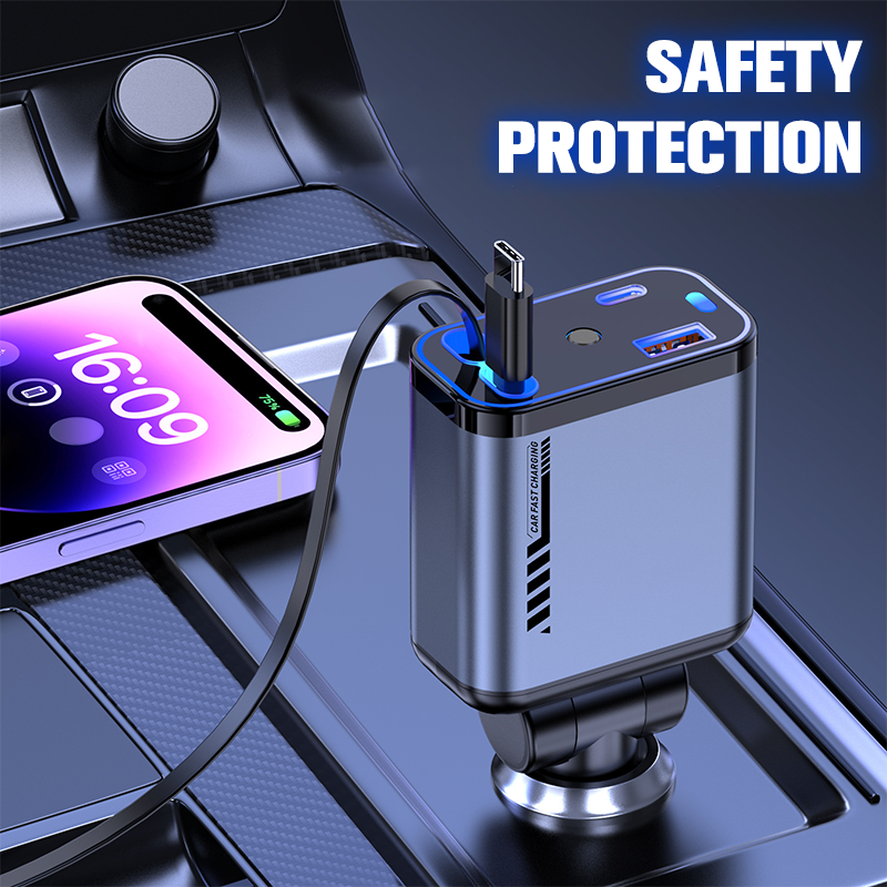 📱 Többfunkciós autós töltő gyorstöltéssel és visszahúzható kábellel | Minden okostelefonnal kompatibilis