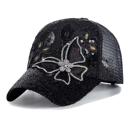 📦 Utánvétes fizetés – Flitteres baseballsapka "Crystal Butterfly" | Csillogó kétoldalas flitterek, csillogó pillangós minta 🧢✨