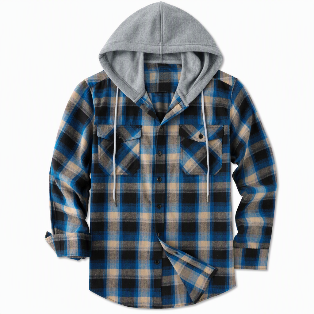 Férfi kockás, cipzáras pulóver, laza szabású amerikai stílusú, bolyhosított kapucnis pulóver